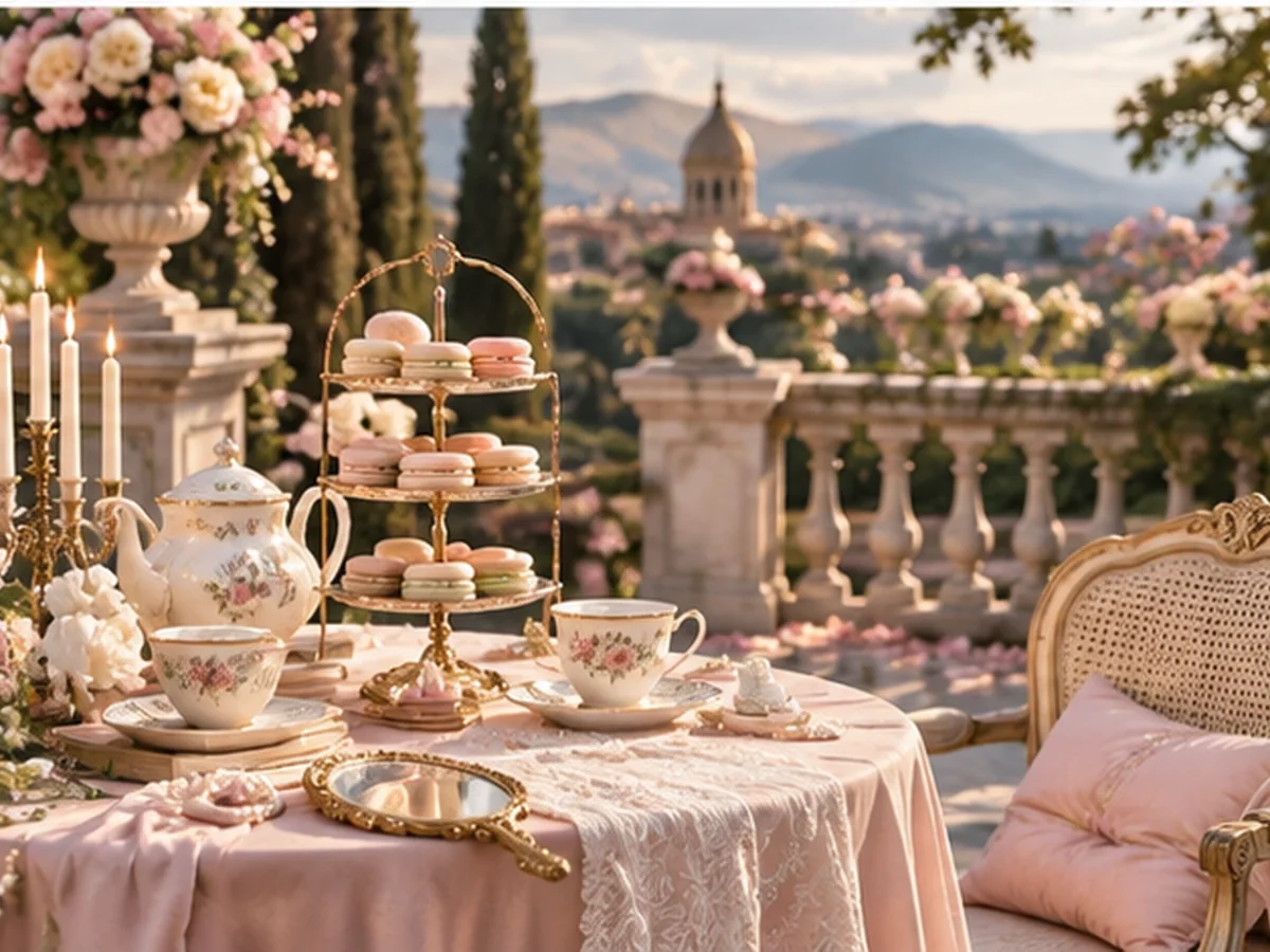 Mesa de té y flores